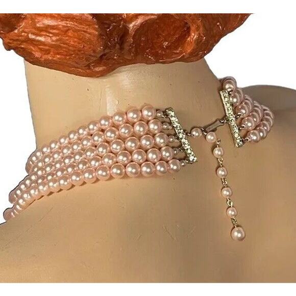 Pink Pearl Necklace Multi Strand Choker Statement Faux - Picture 5 of 16